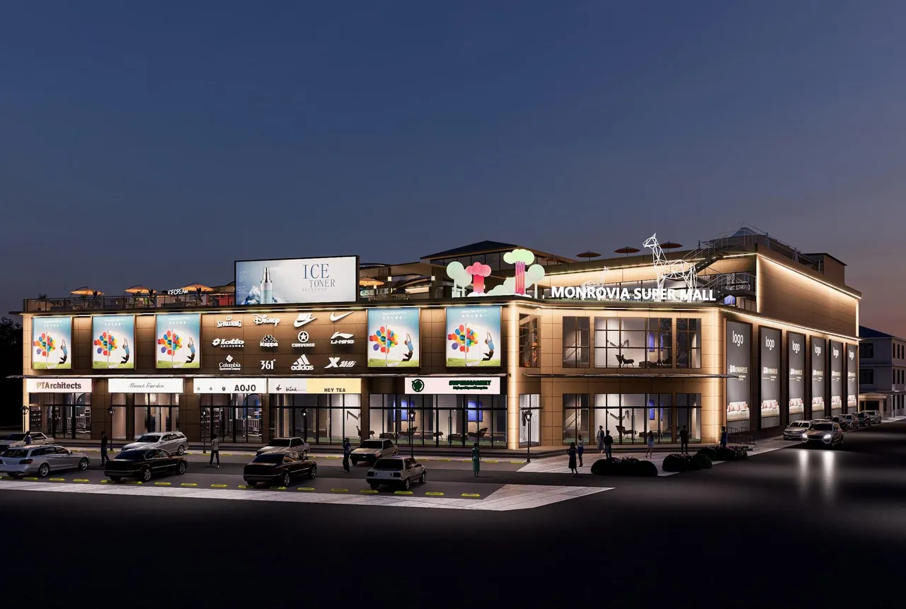 Monrovia Super Mall at night, exterior render